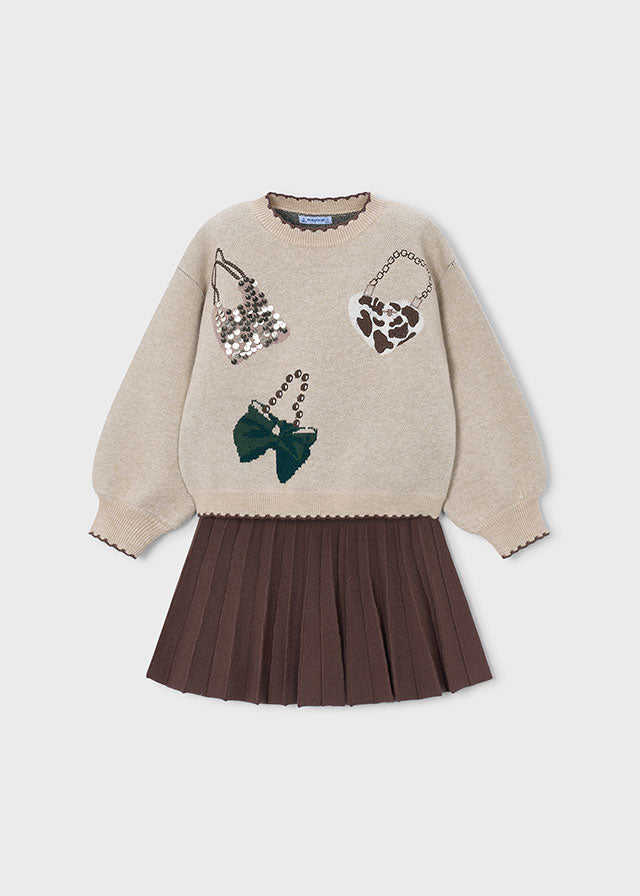 Conjunto dos piezas, jersey y falda tricot, niña.