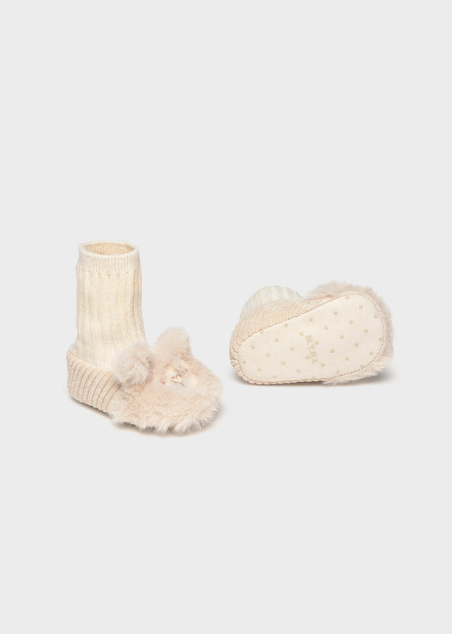 Calcetines patucos recién nacido pelo sintético oso, bebe niña.