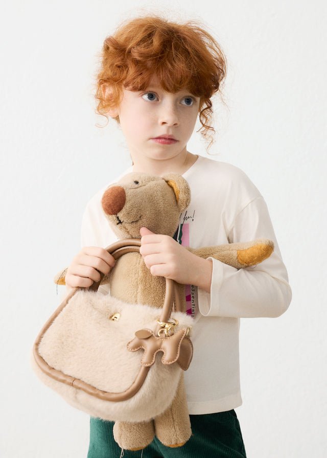 Bolso bandolera de pelo con llavero perrito y doble asa niña