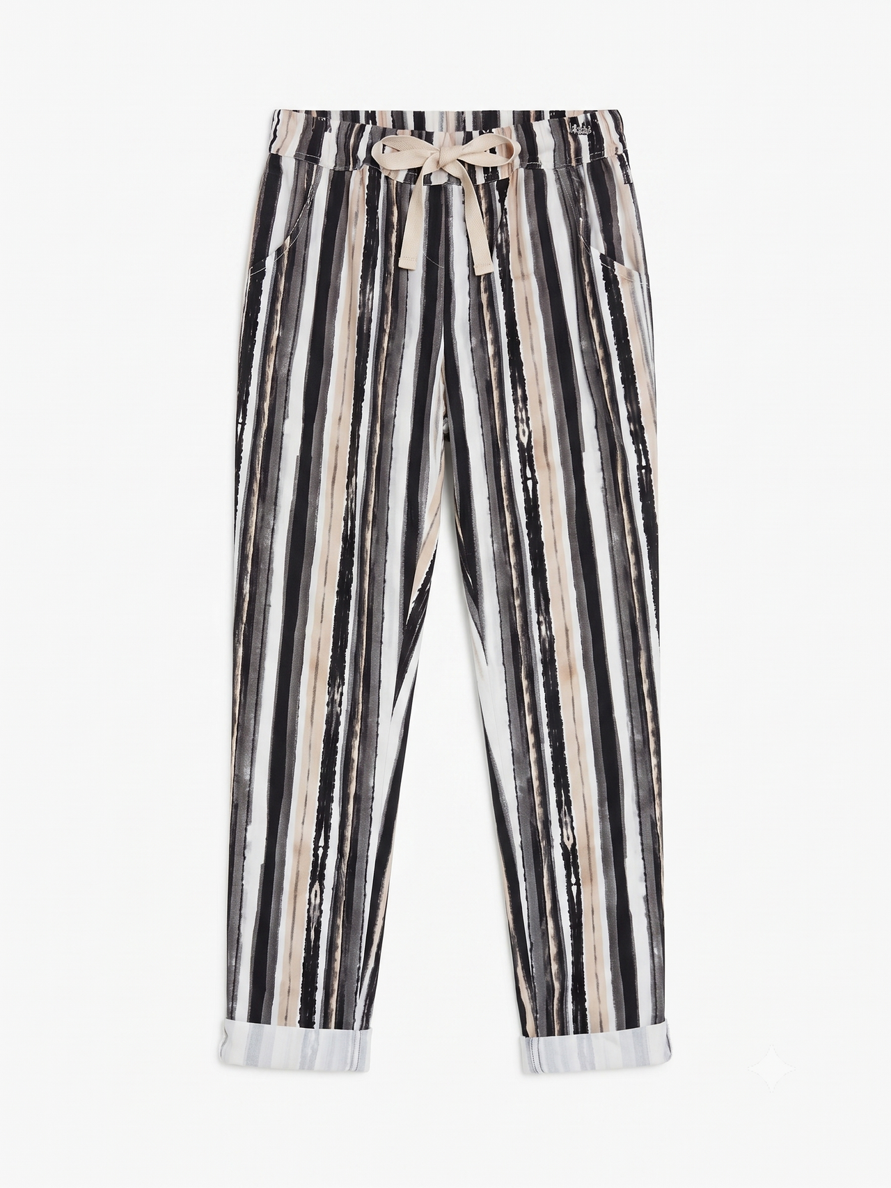 Pantalón rayas negro con vuelta en el bajo y cordón ajustable, chica.