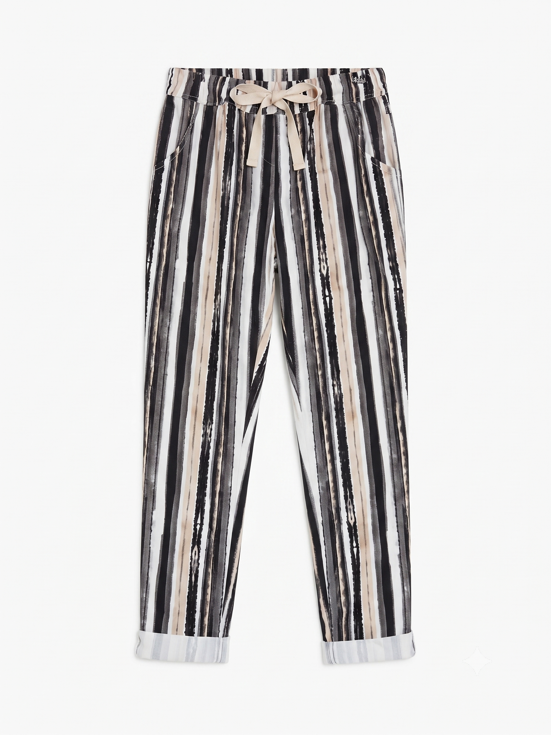 Pantalón rayas negro con vuelta en el bajo y cordón ajustable, chica.