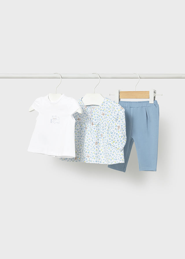 Conjunto bebé 3 piezas camiseta, blusa y legging.