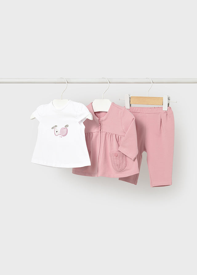Conjunto bebé 3 piezas camiseta, blusa y legging.