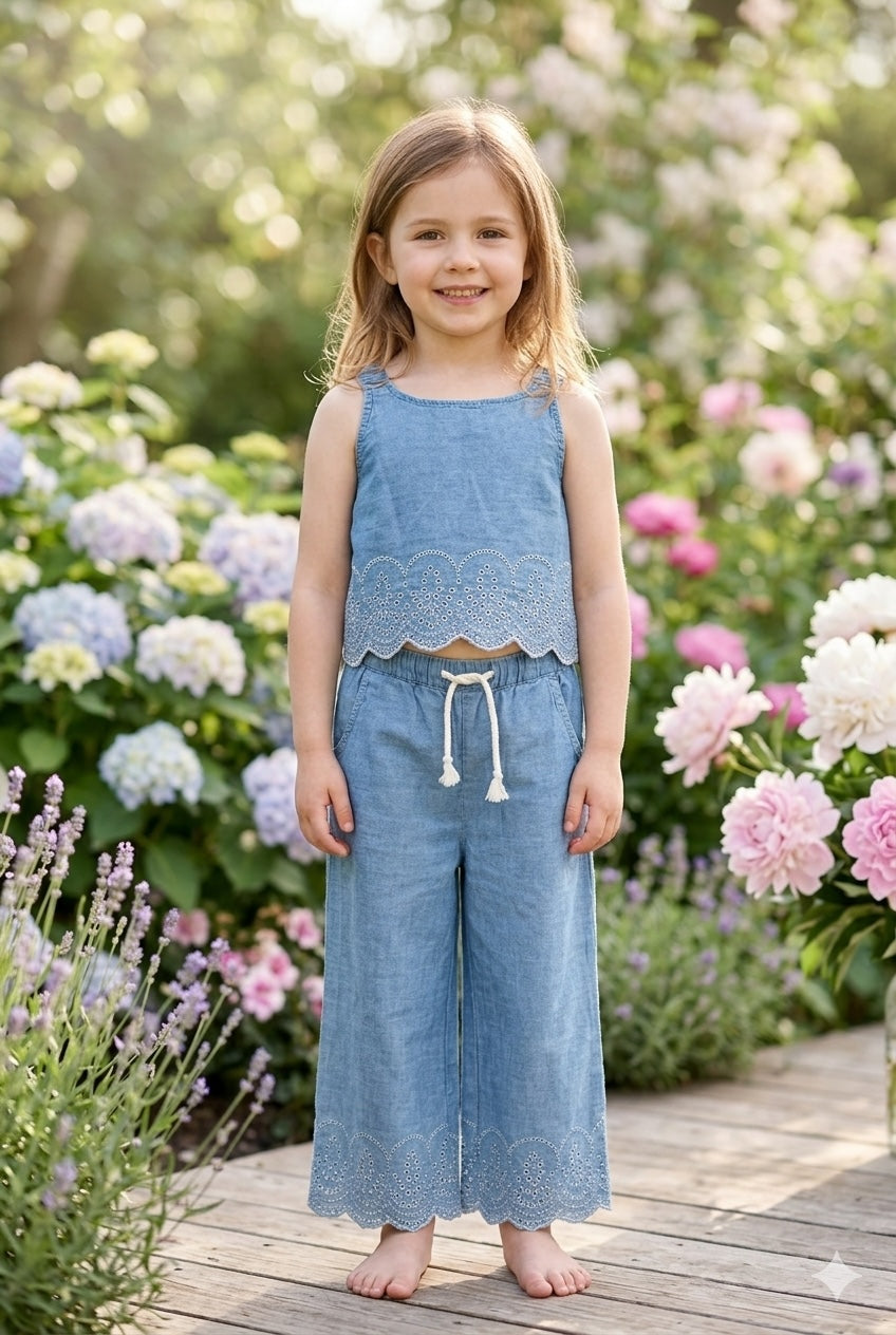 Pantalón denim bordado de niña