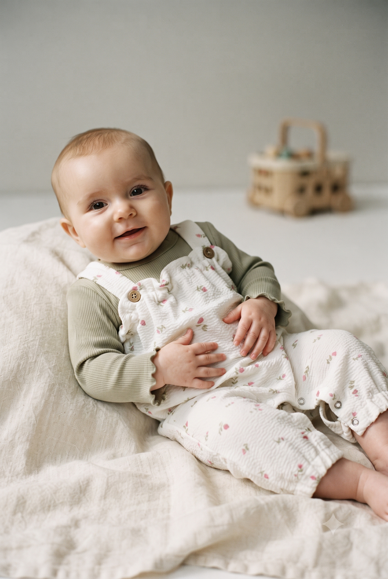 Conjunto peto estampado y  camiseta canalé bebé niña.