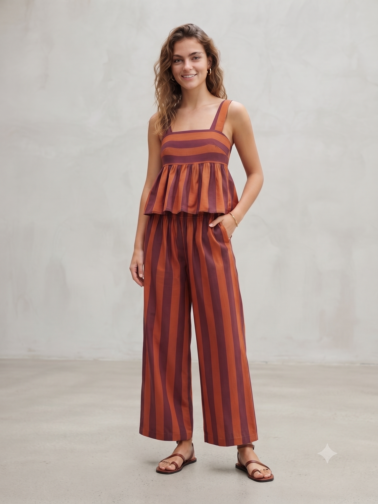 Conjunto top y pantalón rayas fluido, chica.