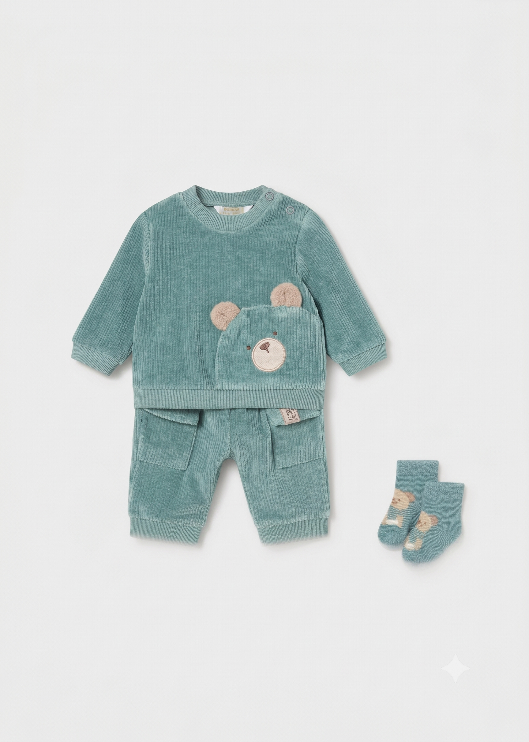 Conjunto 3 piezas sudadera, pantalón y calcetines de punto pana bebé niño.