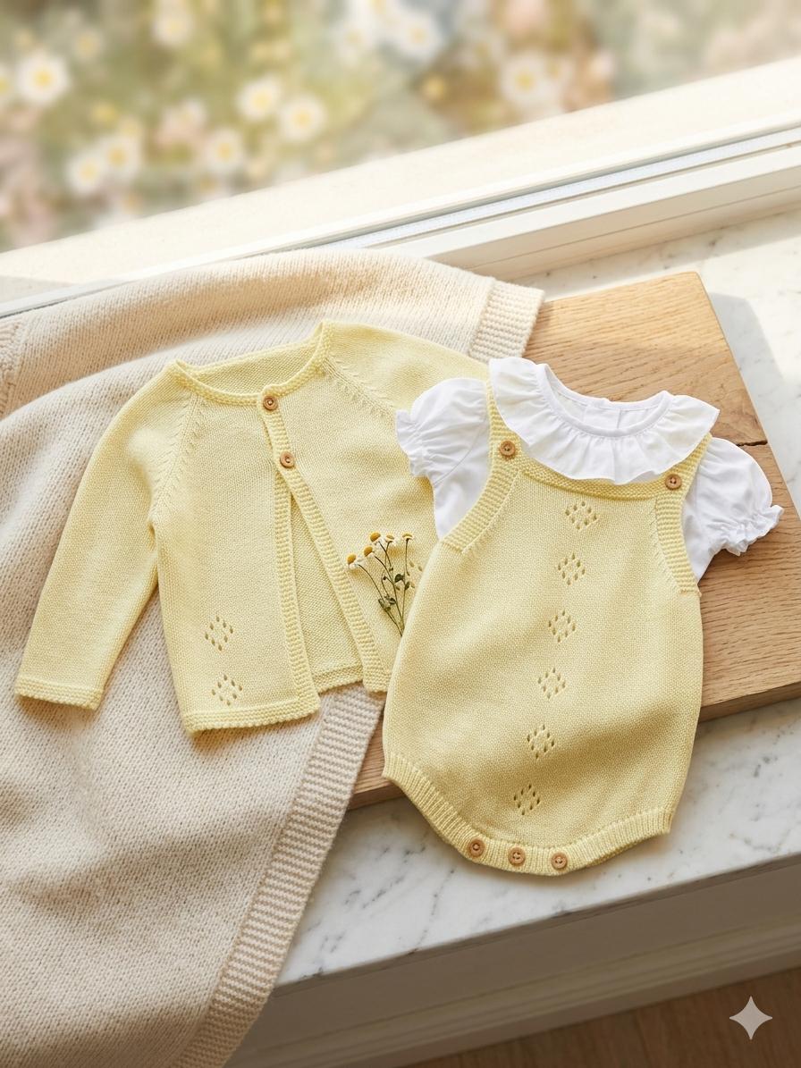 Conjunto blusita, pelele y chaqueta.
