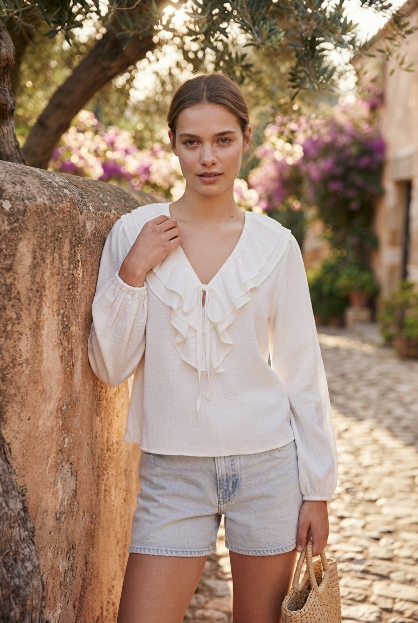 Blusa cuello volantes blanco mujer