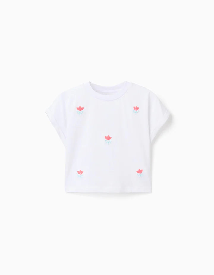 Camiseta corta con detalle de flores en lentejuelas