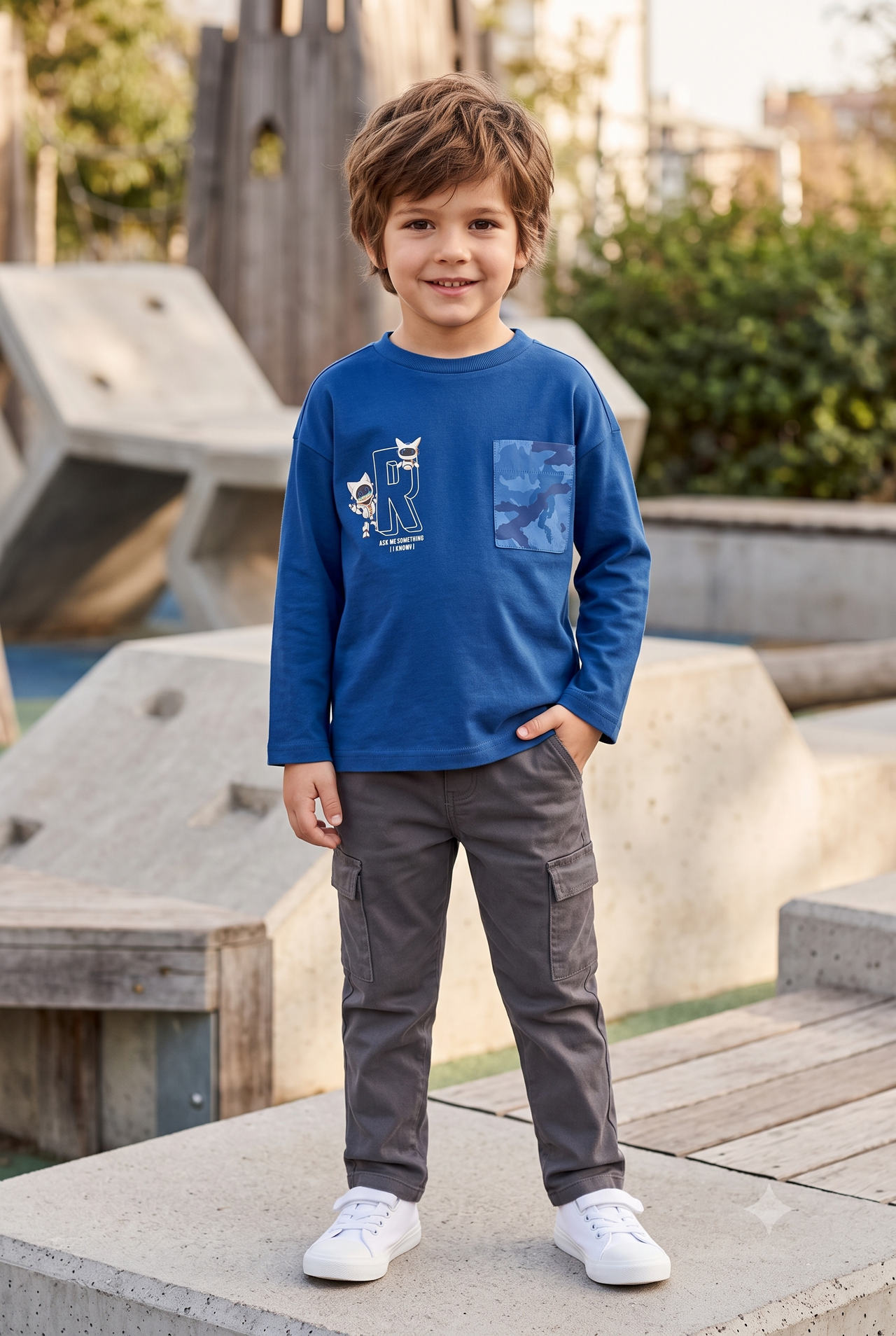 Camiseta niño manga larga con bolsillo.