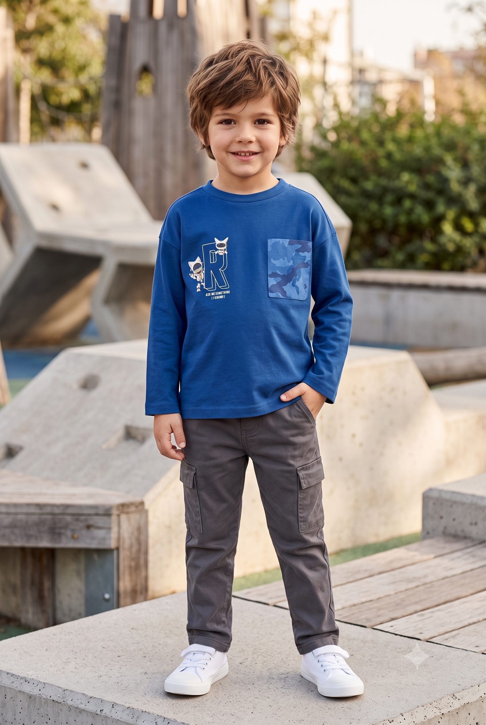 Camiseta niño manga larga con bolsillo.