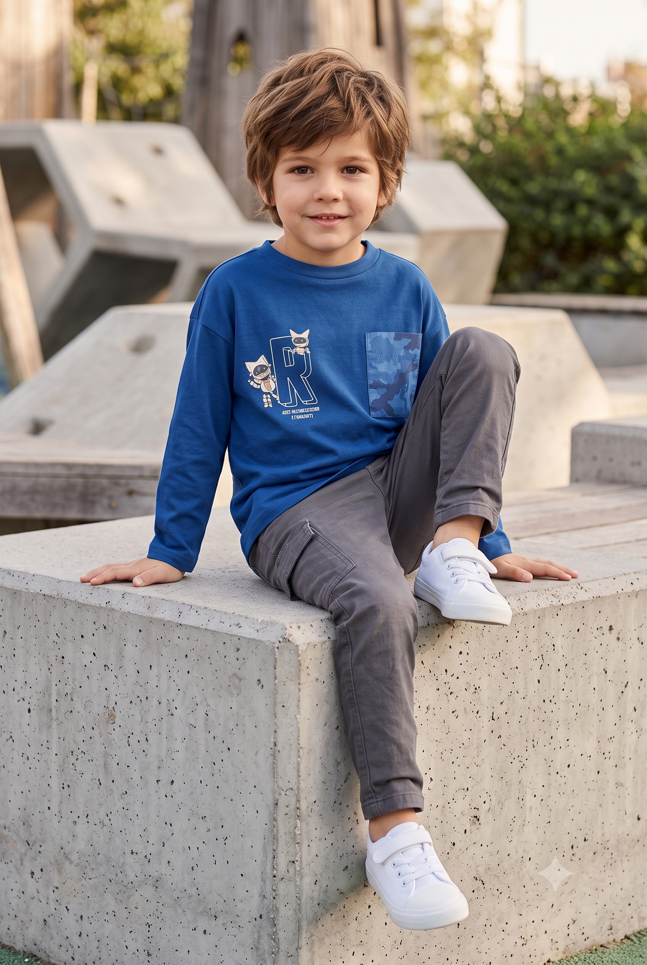 Camiseta niño manga larga con bolsillo.