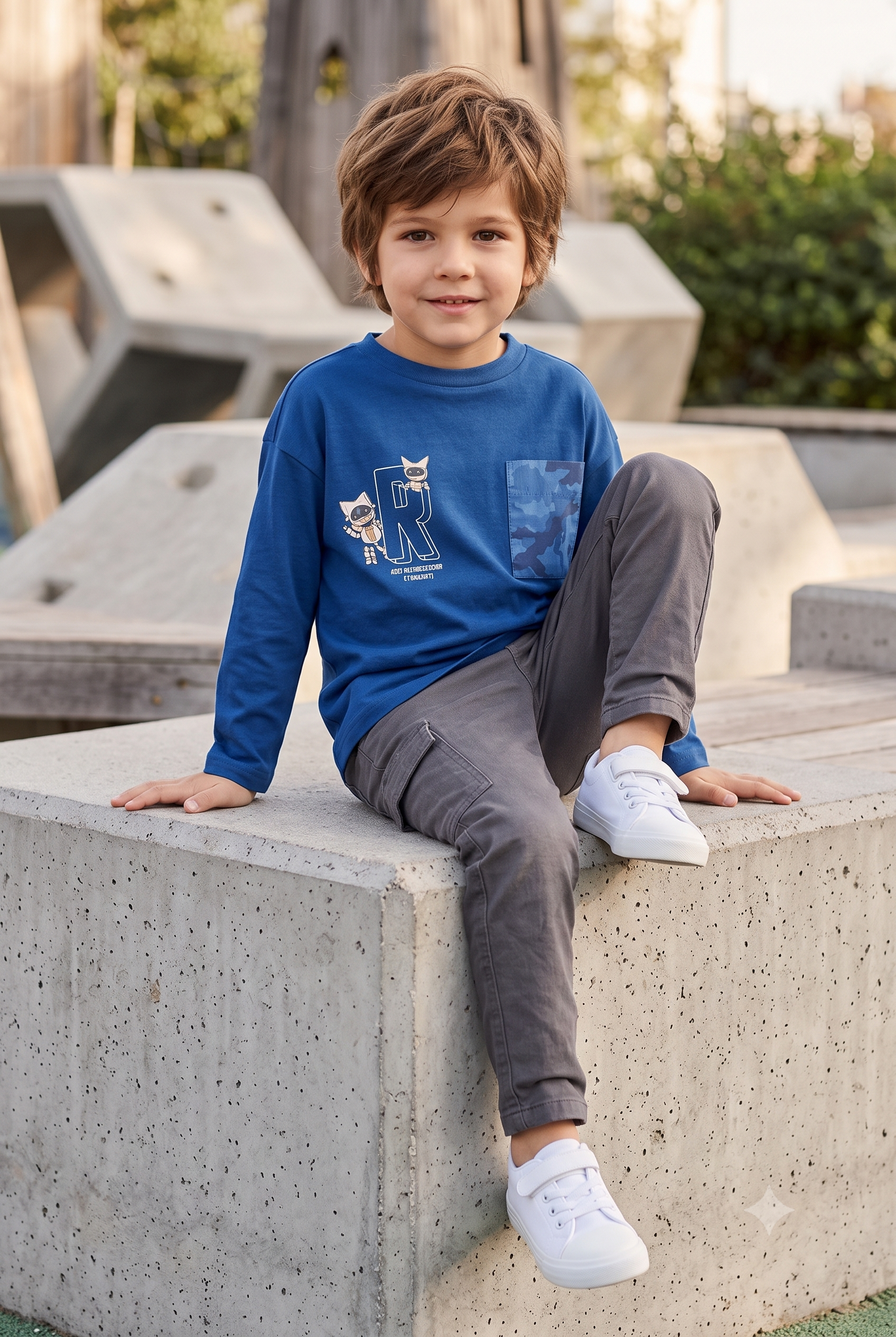 Camiseta niño manga larga con bolsillo.