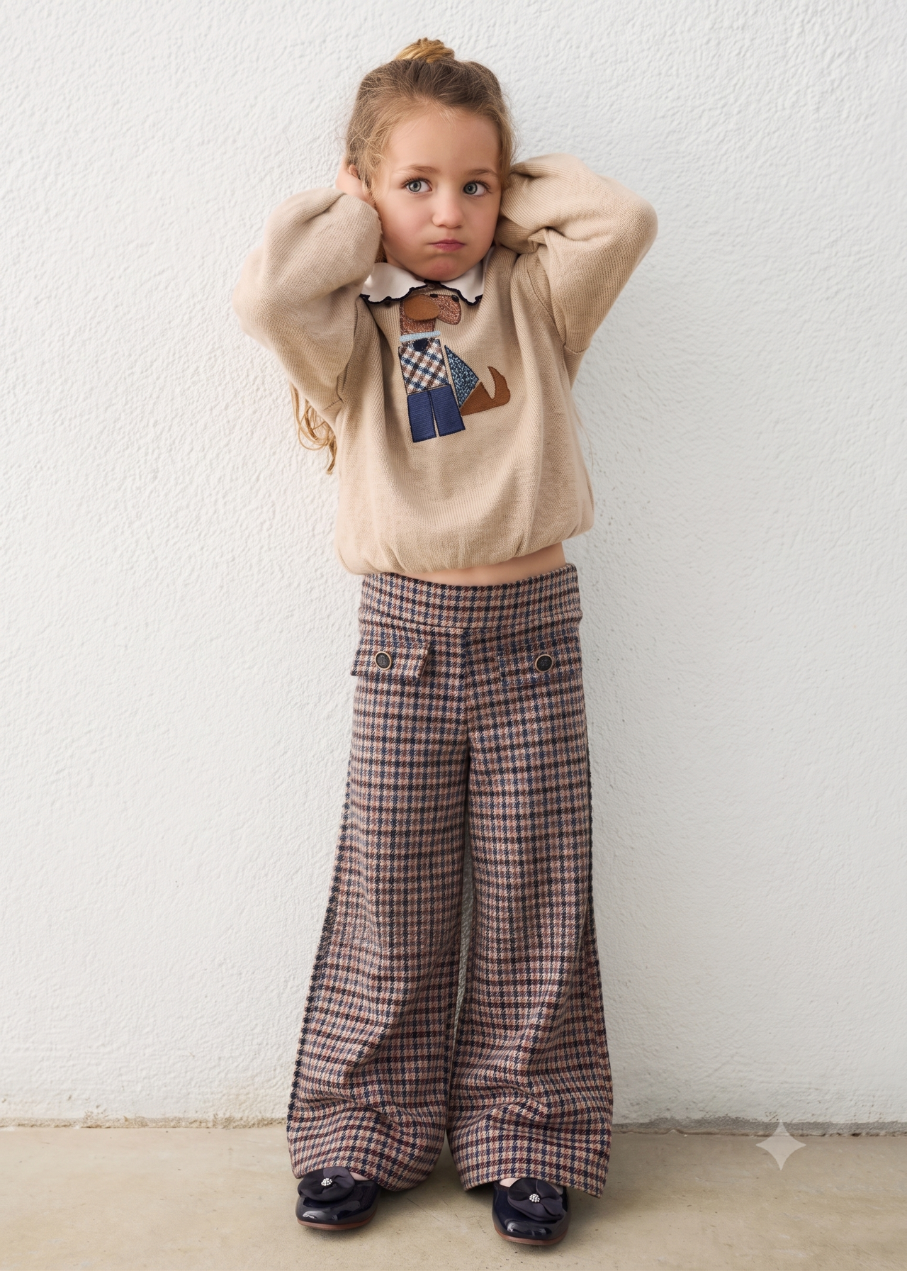 Pantalon punto Corte wide leg. Pernera ancha y fluida niña.