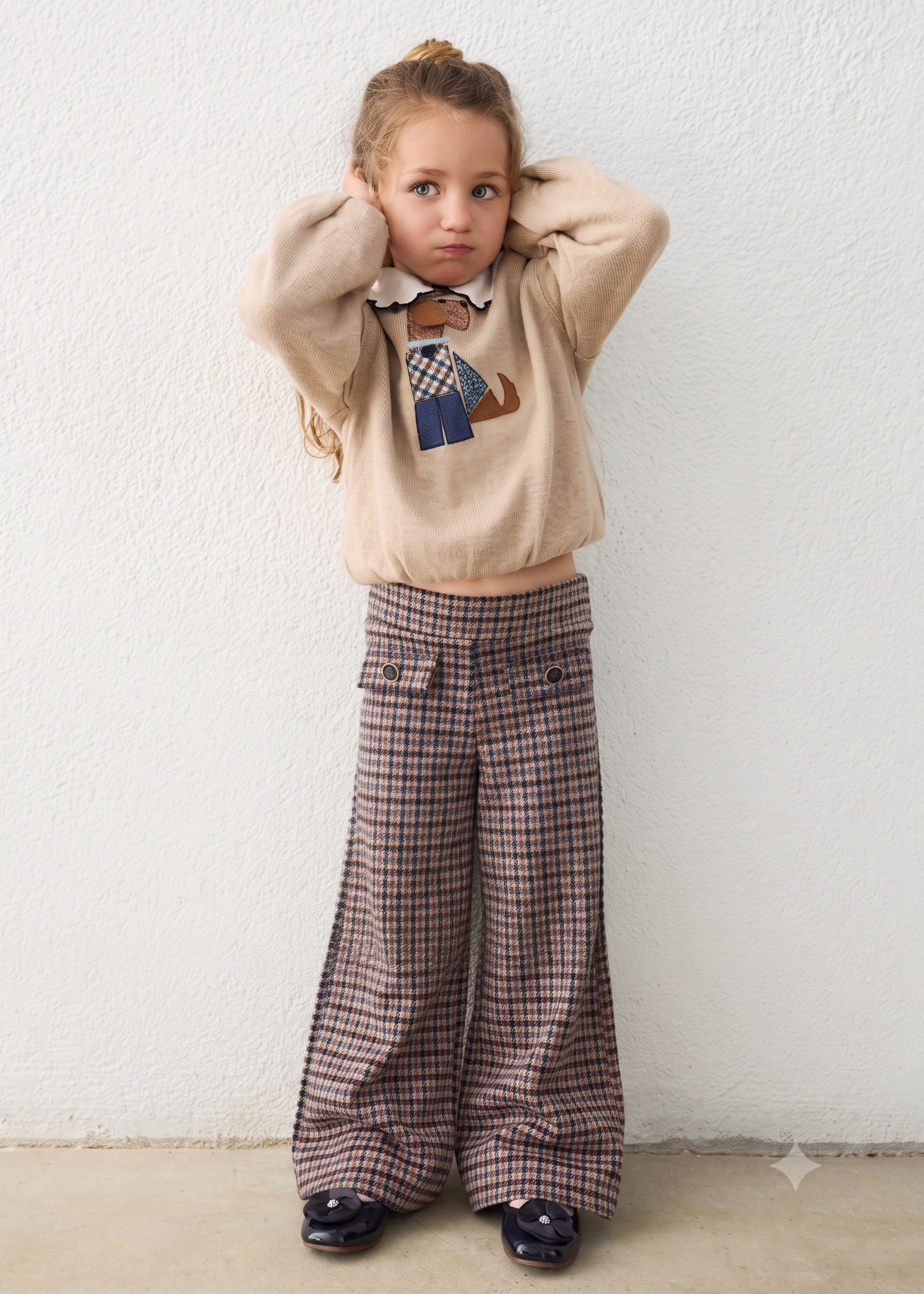 Pantalon punto Corte wide leg. Pernera ancha y fluida niña.
