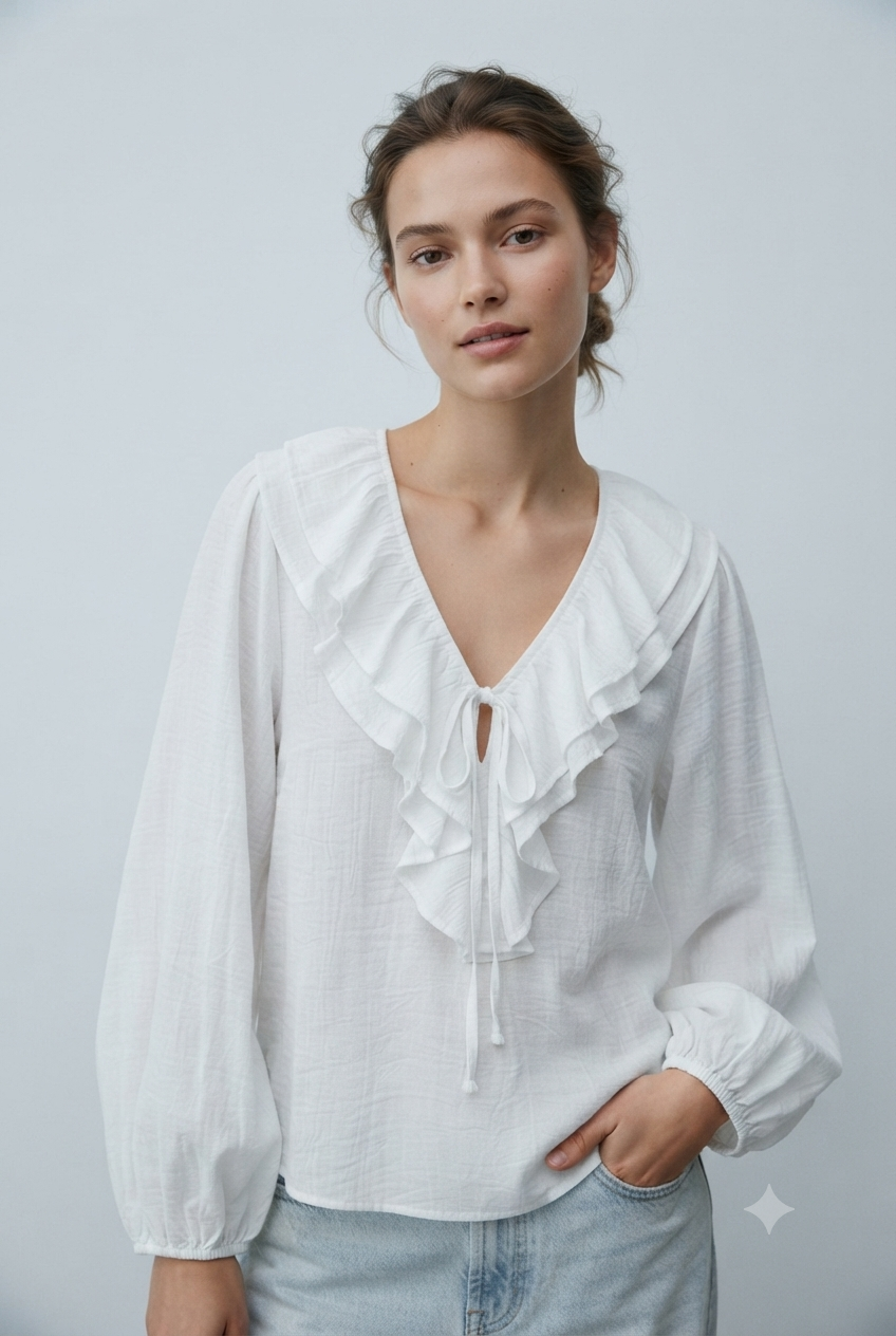 Blusa cuello volantes blanco mujer