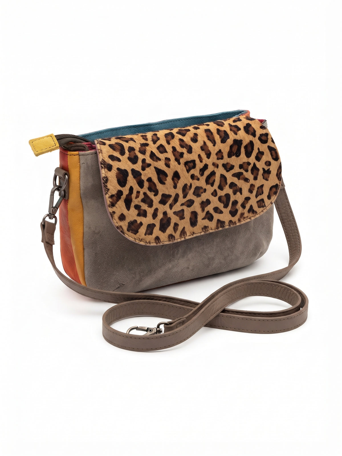 Bolso bandolera con solapa reversible piel  fucsia/gris