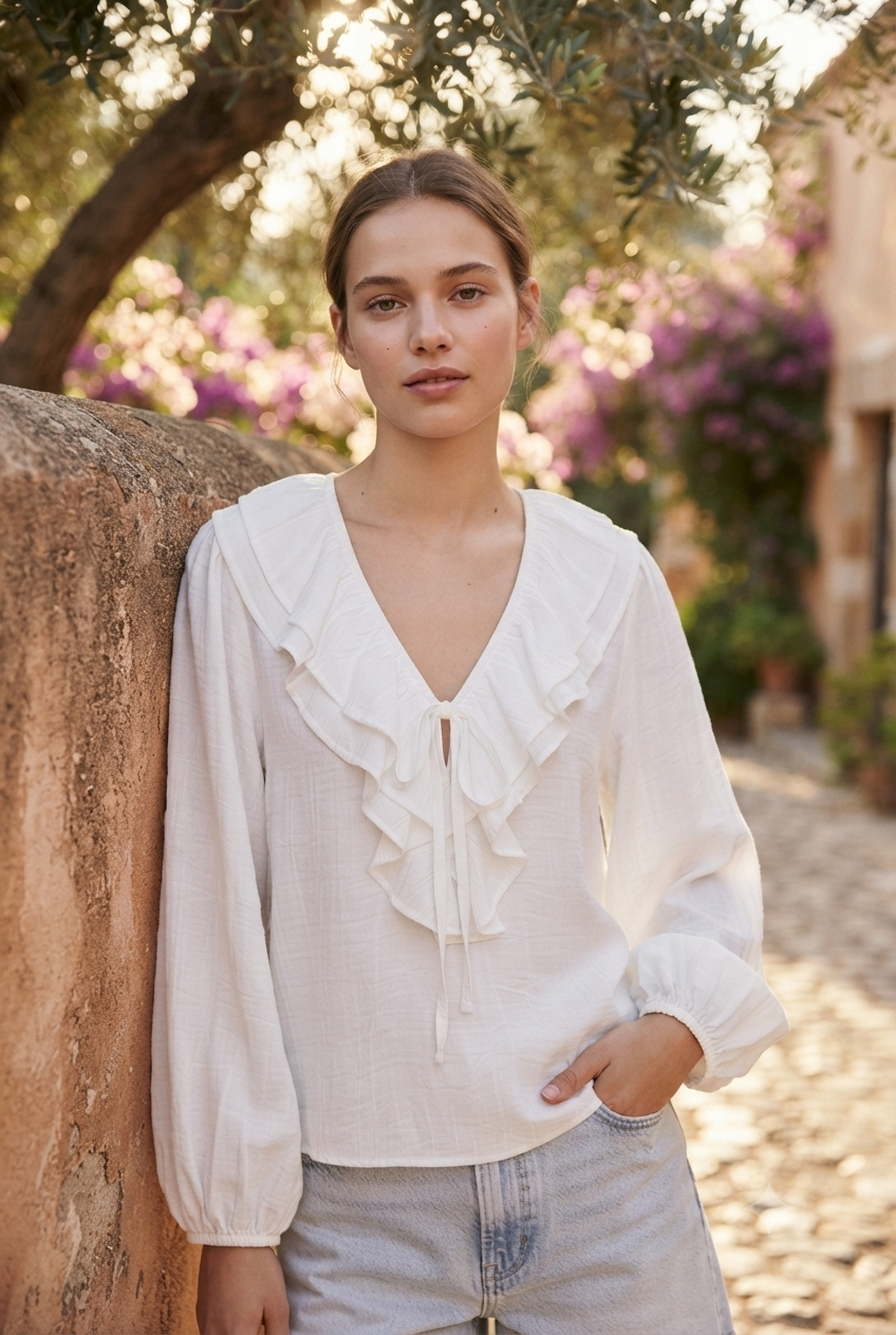 Blusa cuello volantes blanco mujer