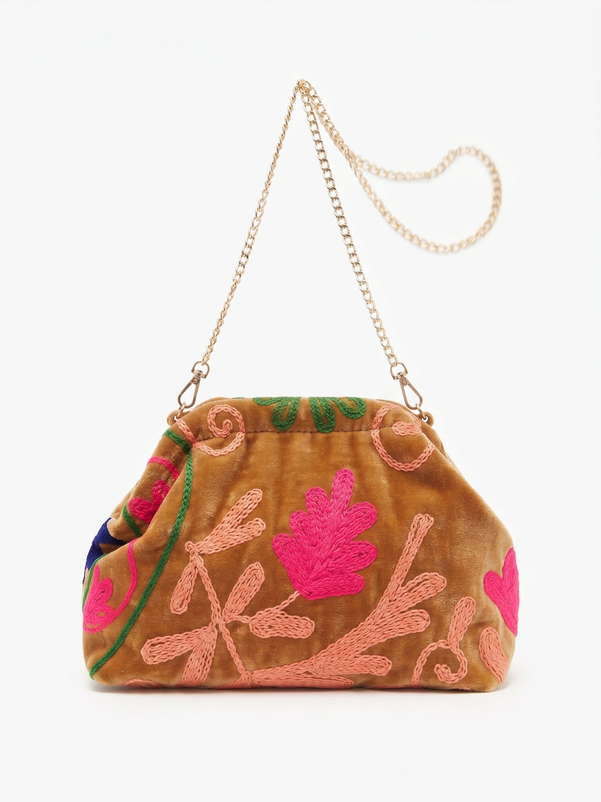 Bolso de terciopelo marrón con bordados de colores
