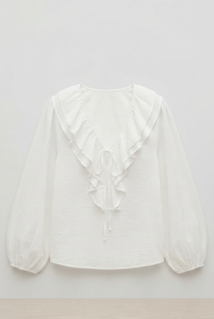 Blusa cuello volantes blanco mujer