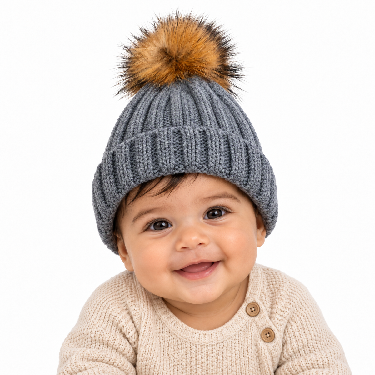 Gorro Pompon pelo gris bebe