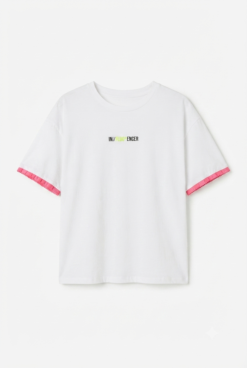 Camiseta Influoencer con ribete en la manga en color fucsia