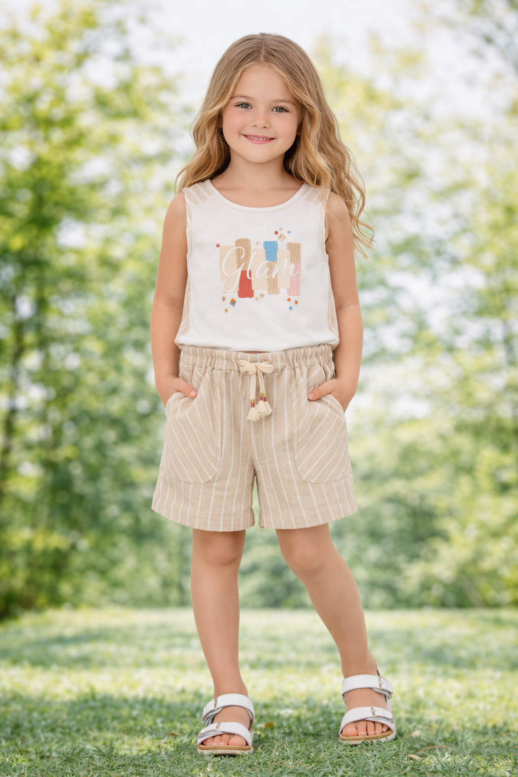 Bermudas niña  lino con listas