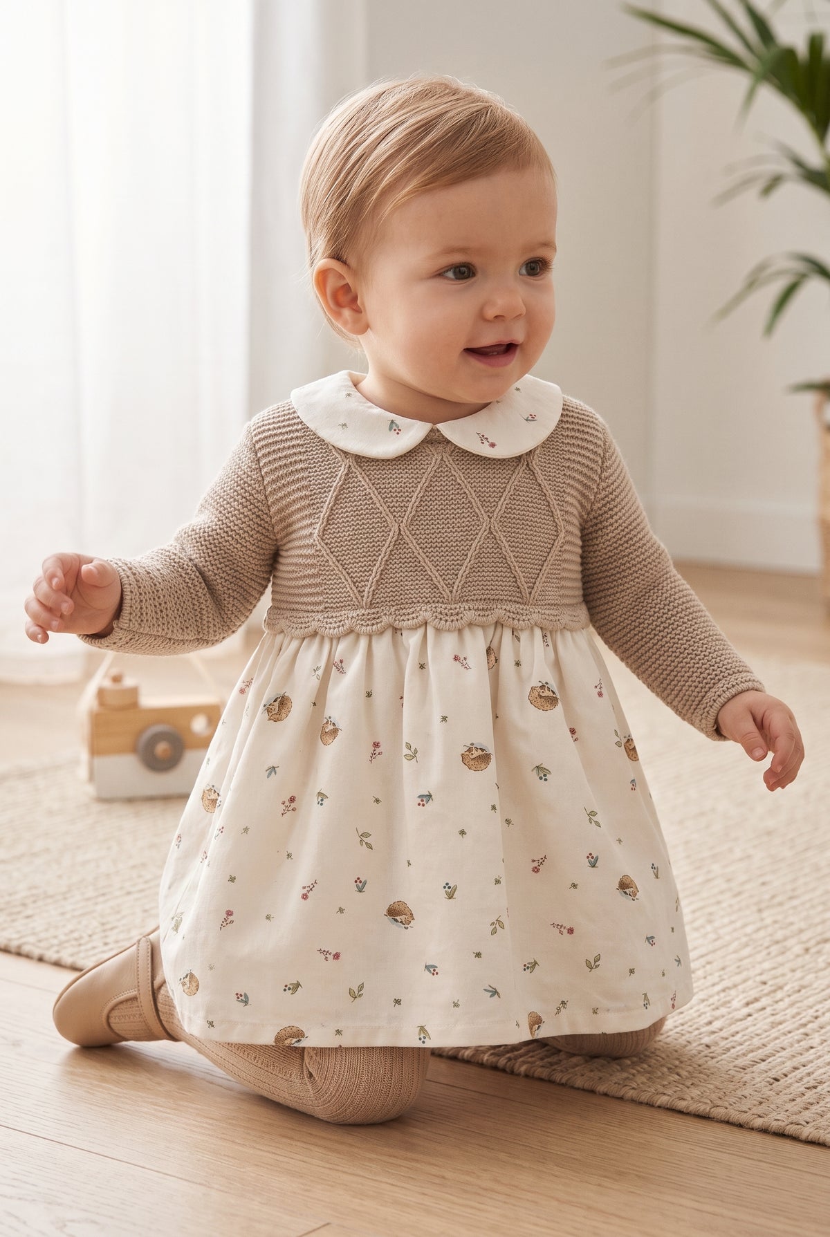 Vestido bebé combinado punto beige