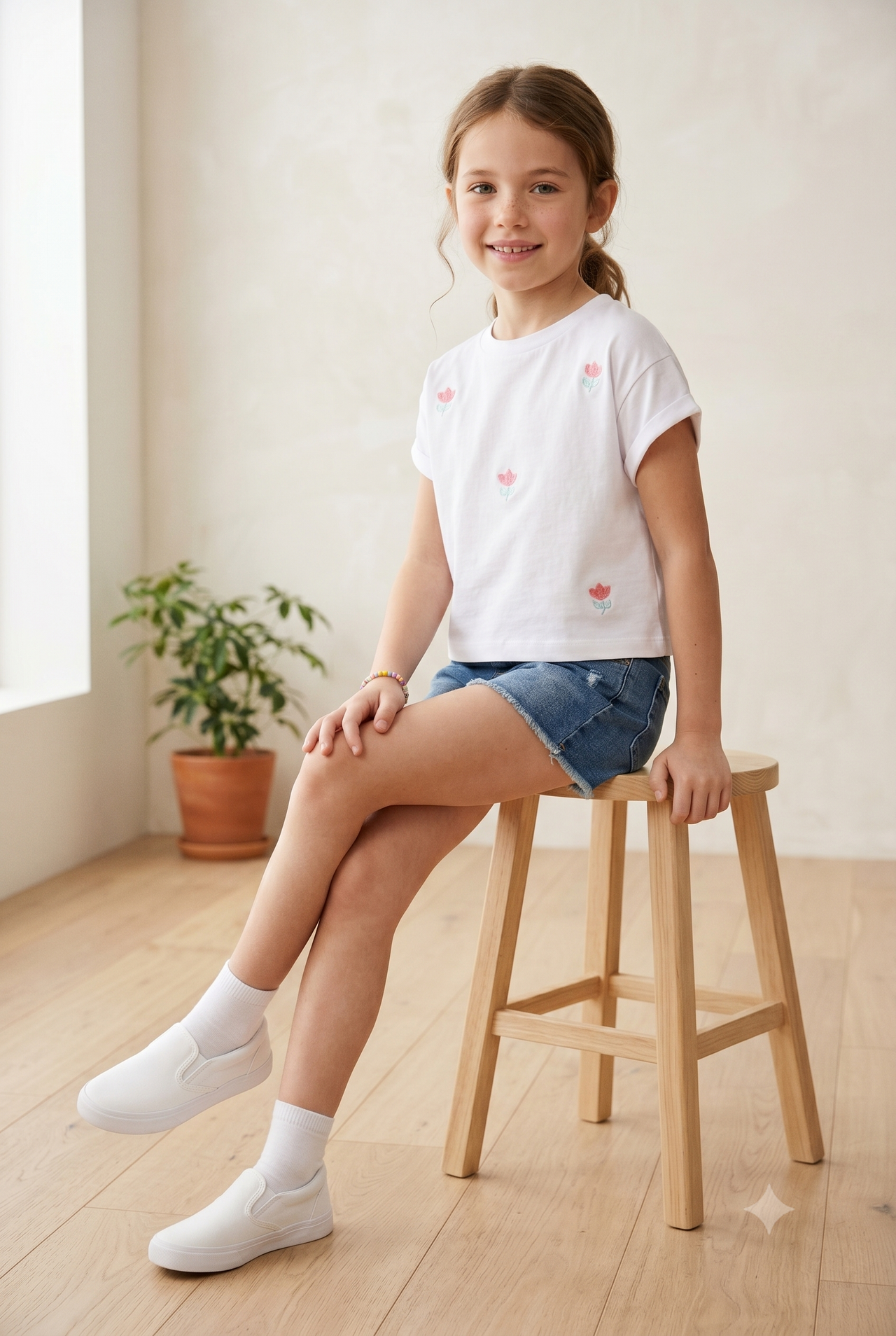 Camiseta corta con detalle de flores en lentejuelas
