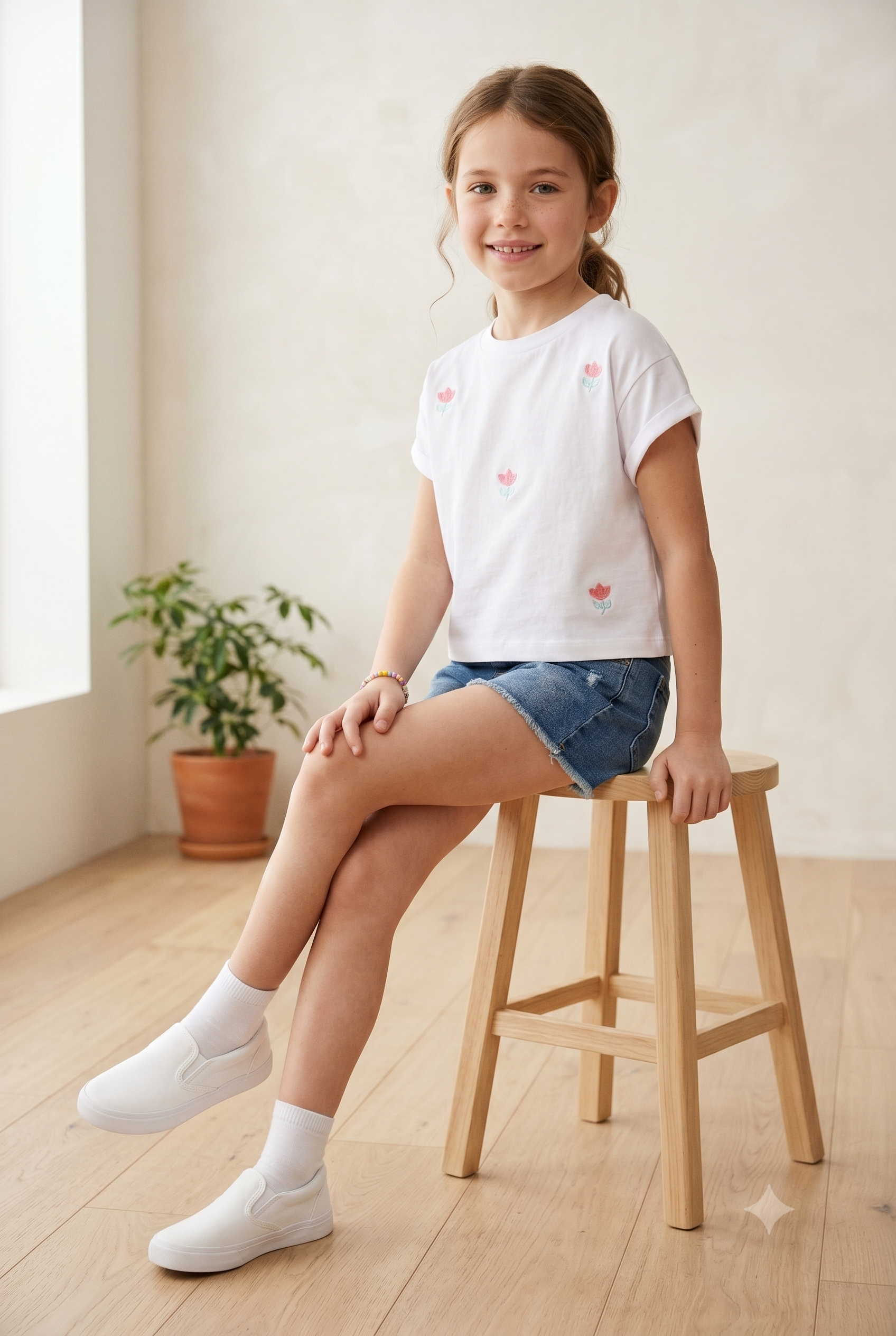 Camiseta corta con detalle de flores en lentejuelas