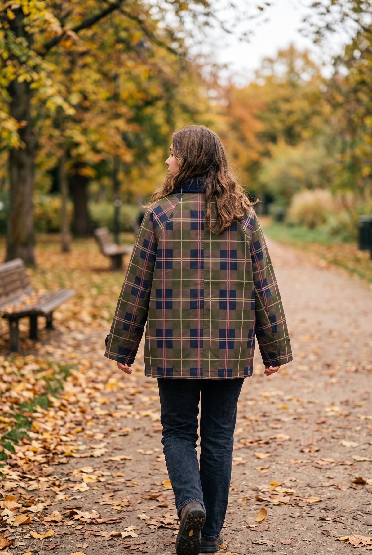 Chaqueta estampado cuadros tartán cuello de pana