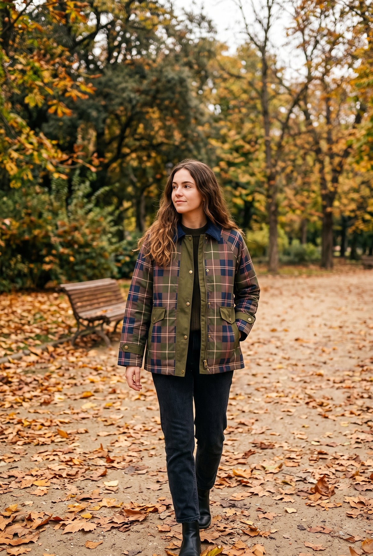 Chaqueta estampado cuadros tartán cuello de pana