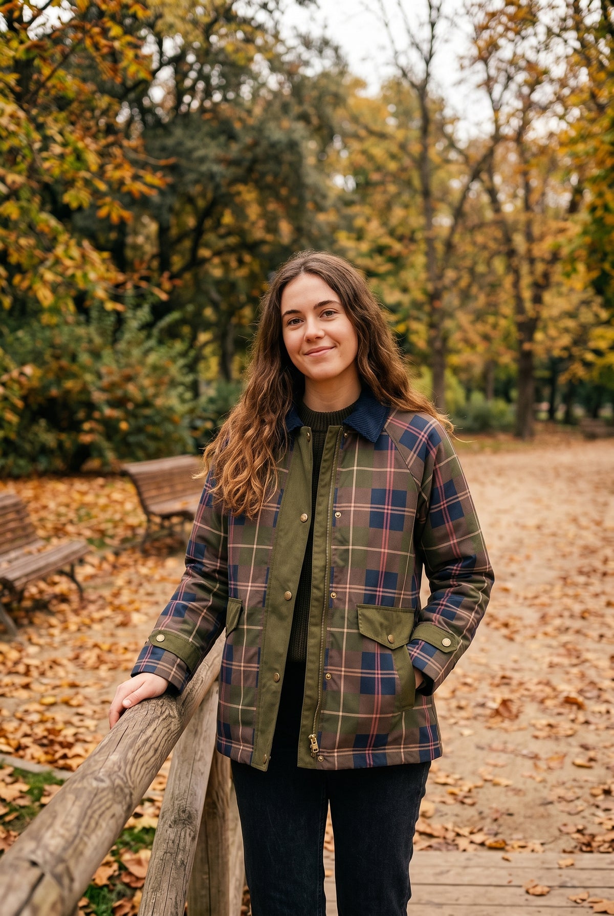 Chaqueta estampado cuadros tartán cuello de pana