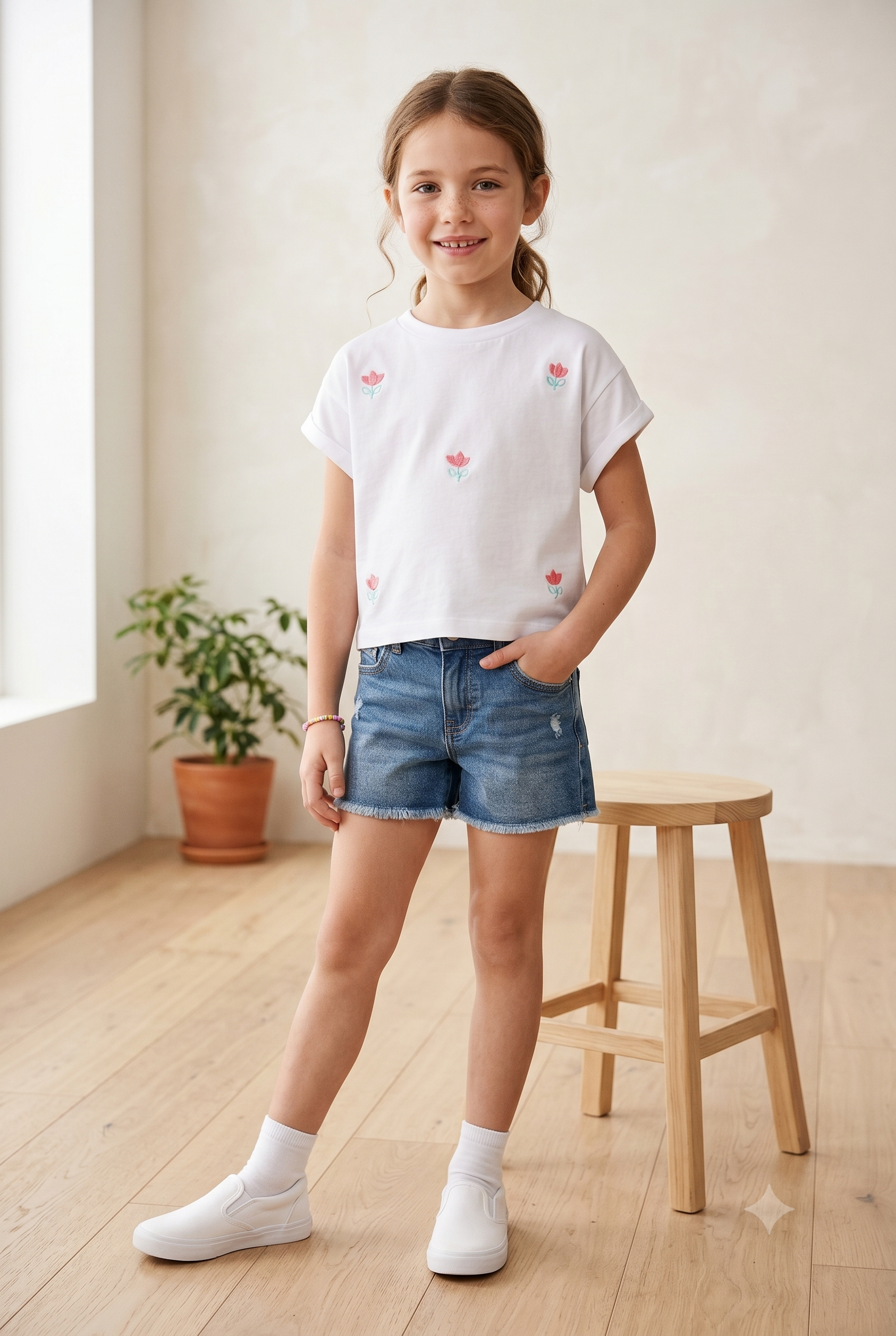 Camiseta corta con detalle de flores en lentejuelas