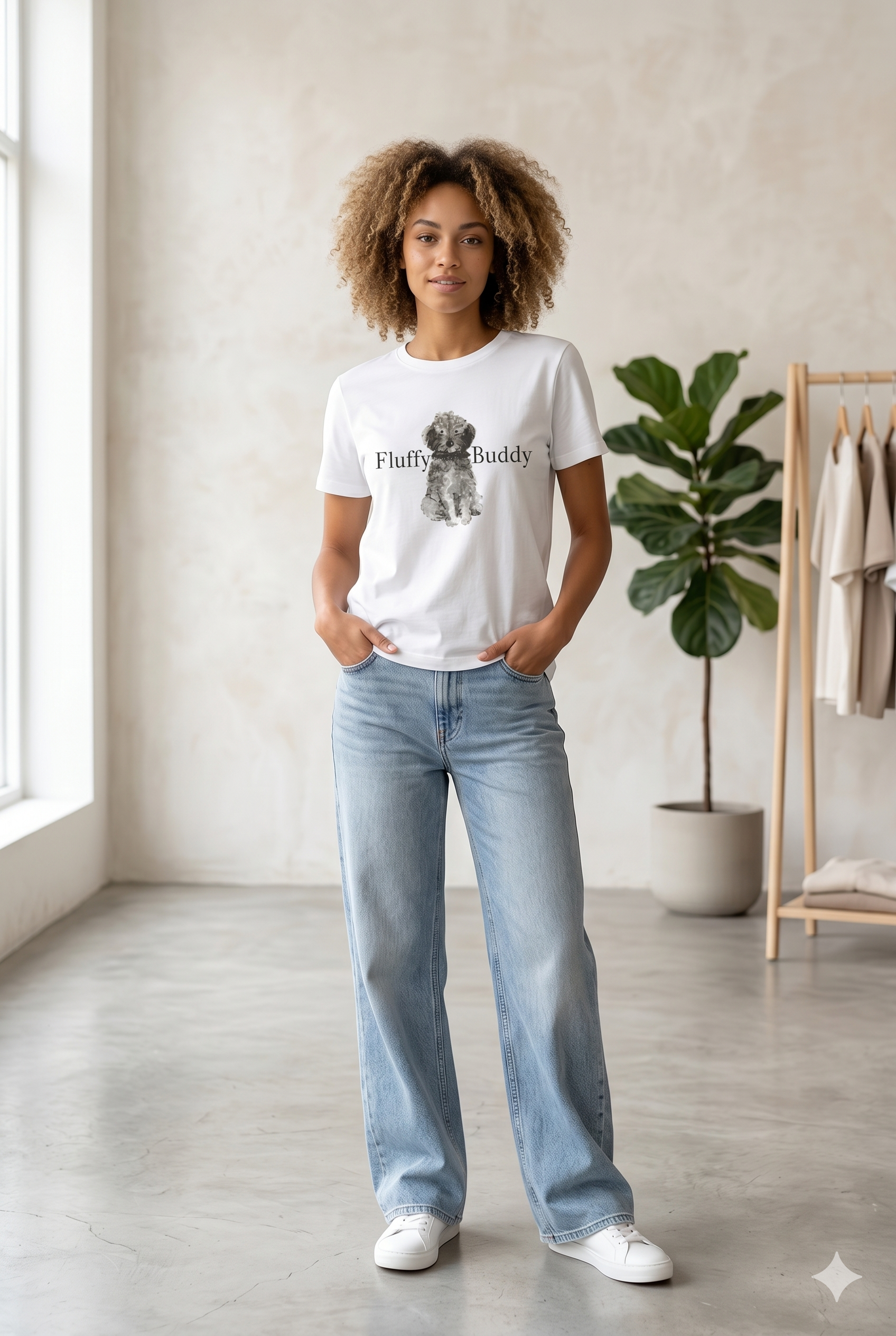 Camiseta blanca de manga corta con estampado de perrito "Fluffy Buddy"chica.