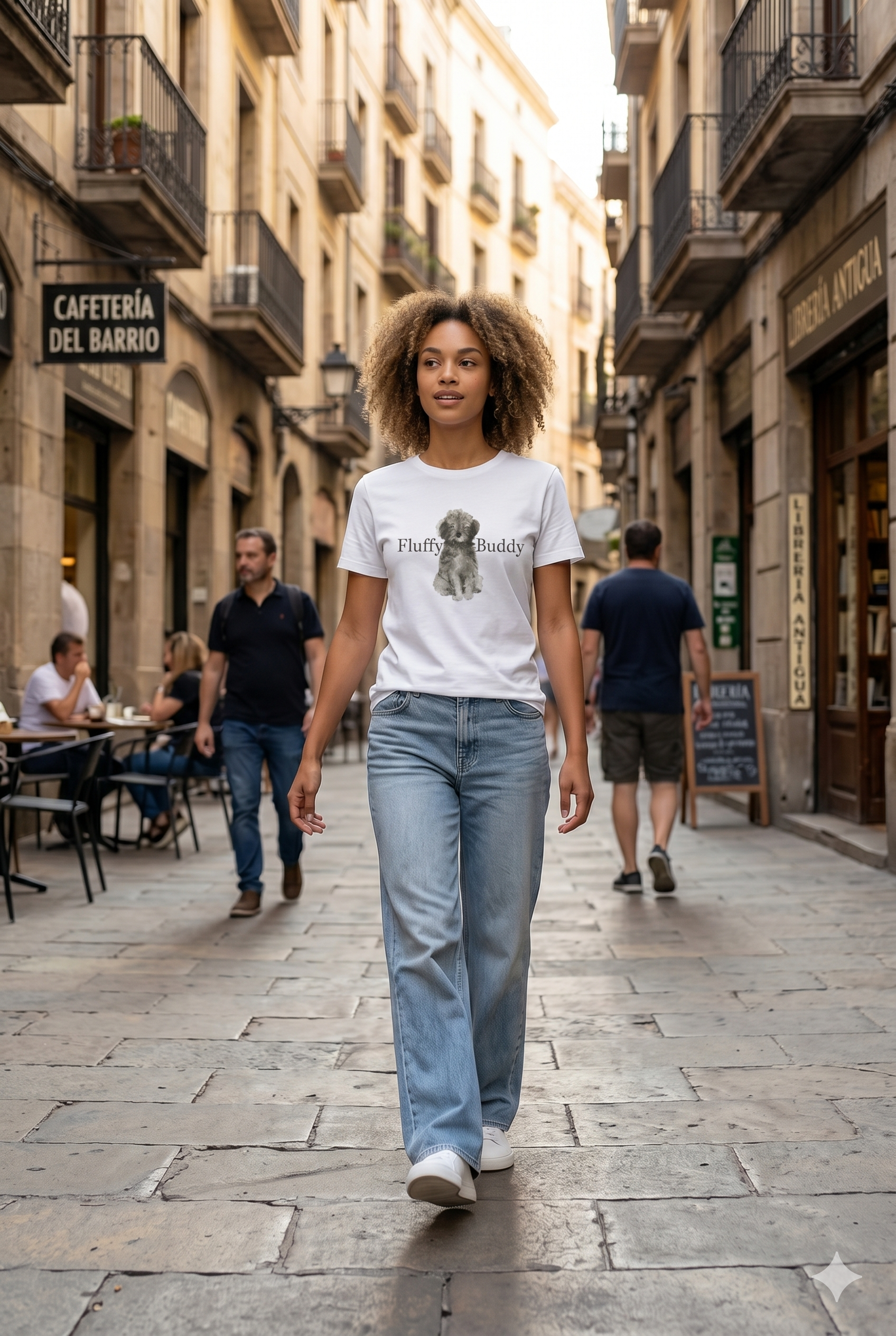 Camiseta blanca de manga corta con estampado de perrito "Fluffy Buddy"chica.