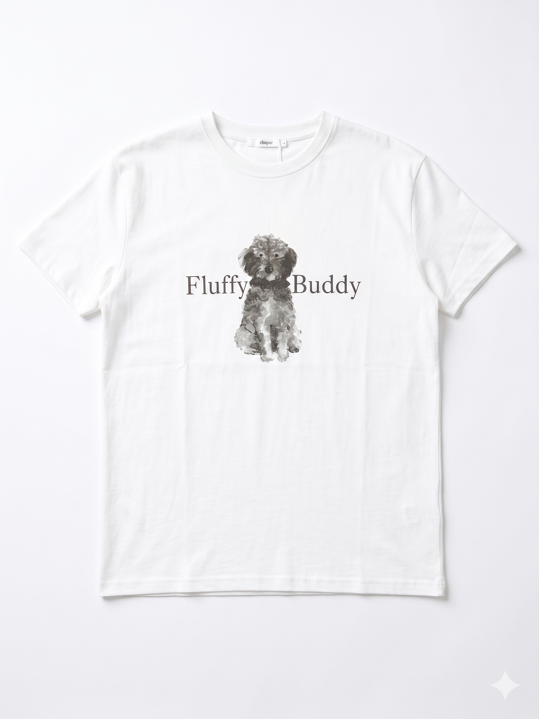 Camiseta blanca de manga corta con estampado de perrito "Fluffy Buddy"chica.