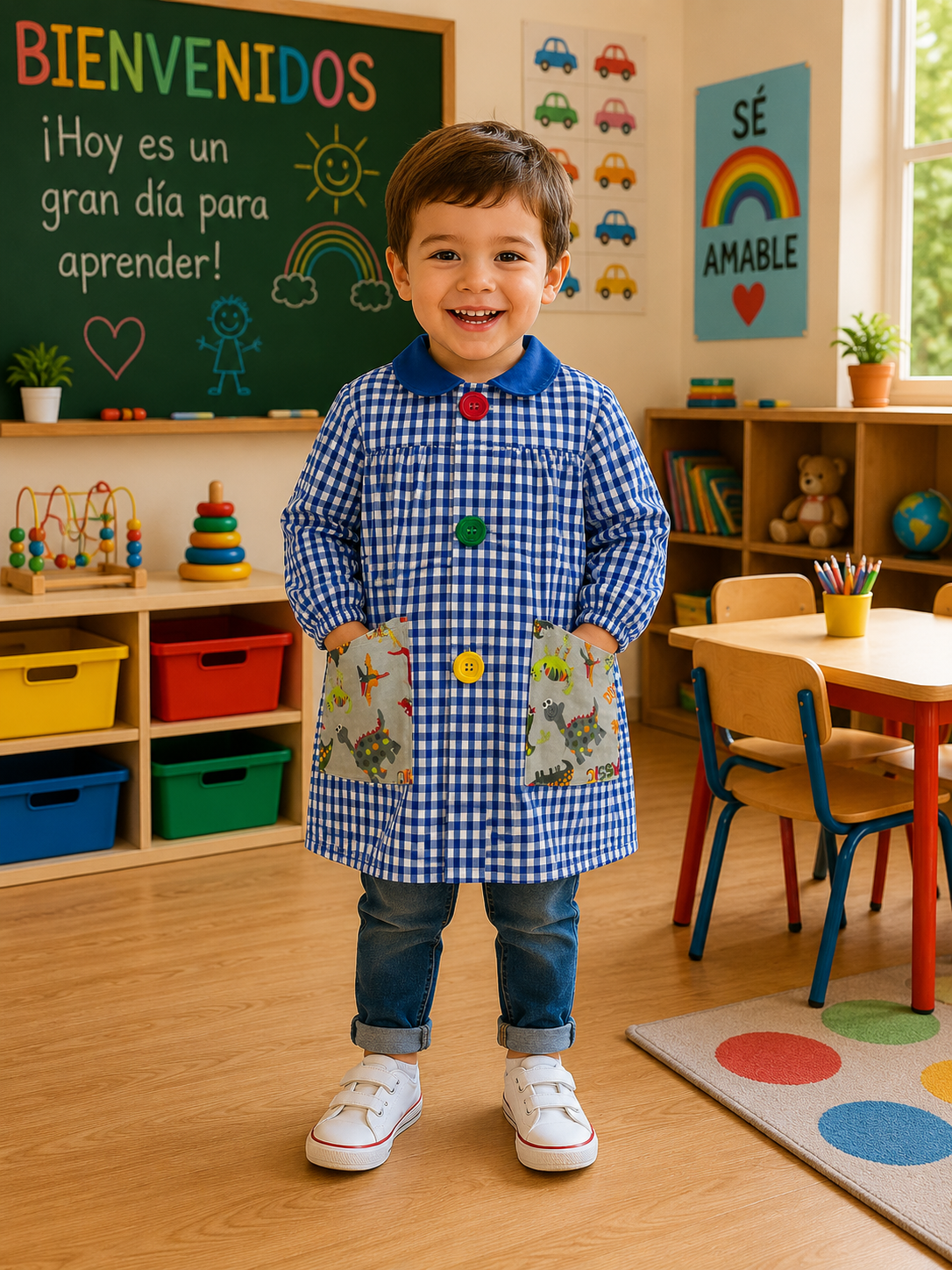Mandilón bata escolar dinosaurios