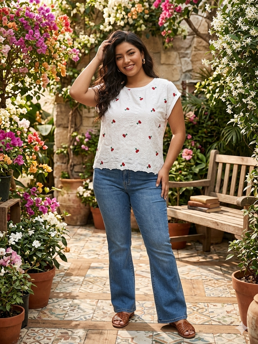Camiseta con bordado cerezas