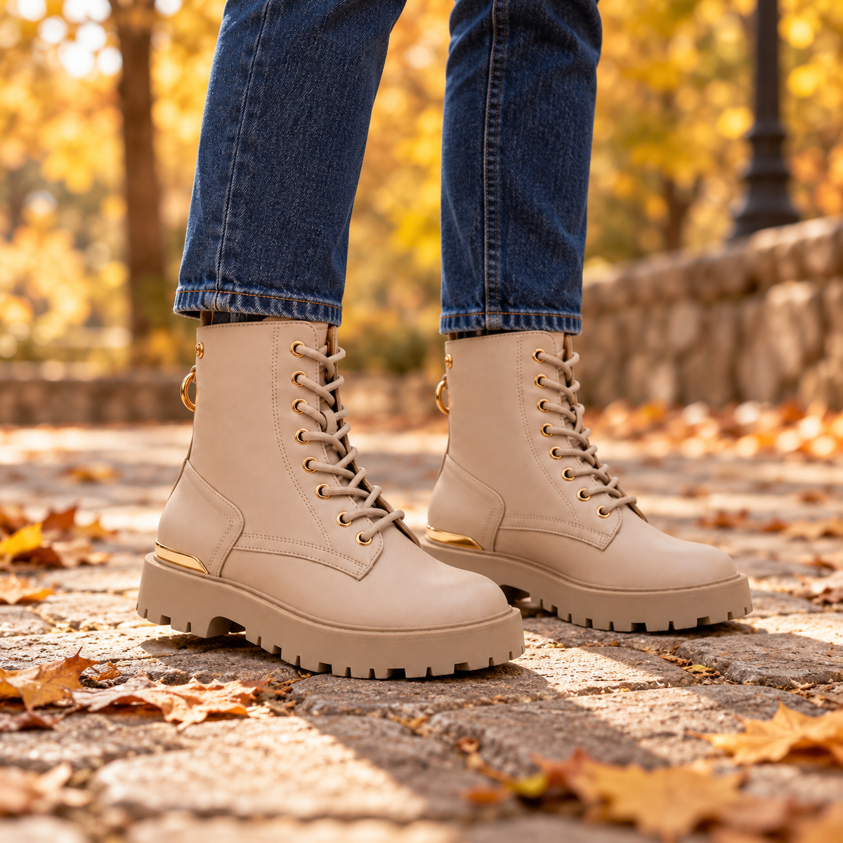 Bota militar beige detalle dorados