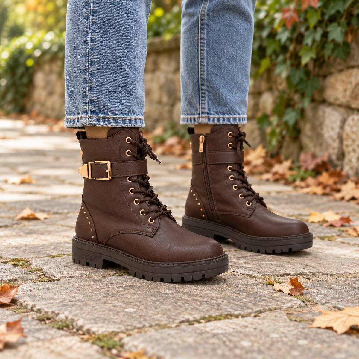 Bota militar hebilla dorada