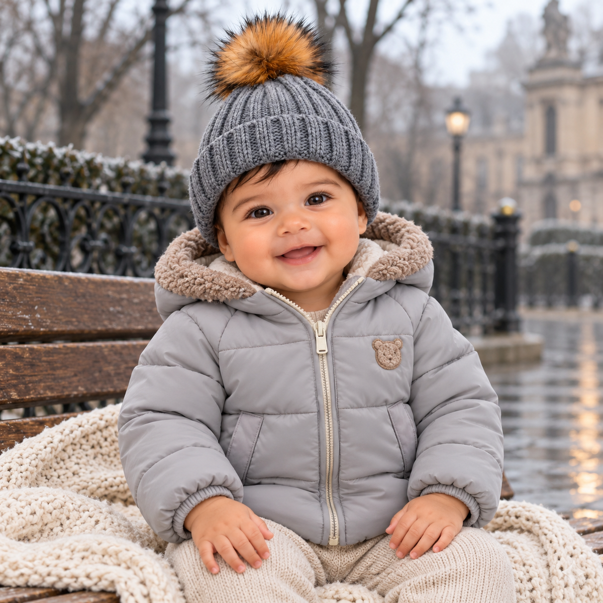 Gorro gris bebe con pelo natural