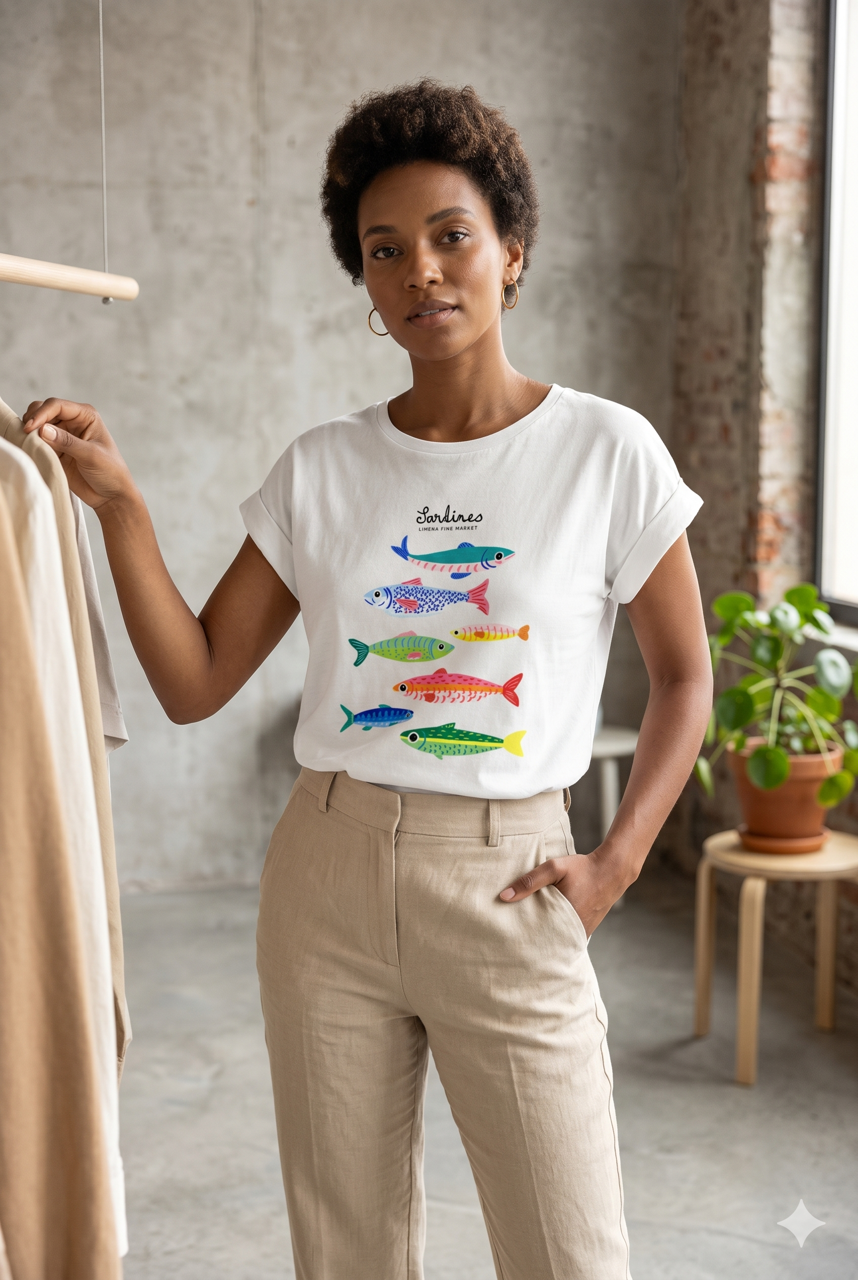 Camiseta blanca con estampado de sardinas multicolor chica.
