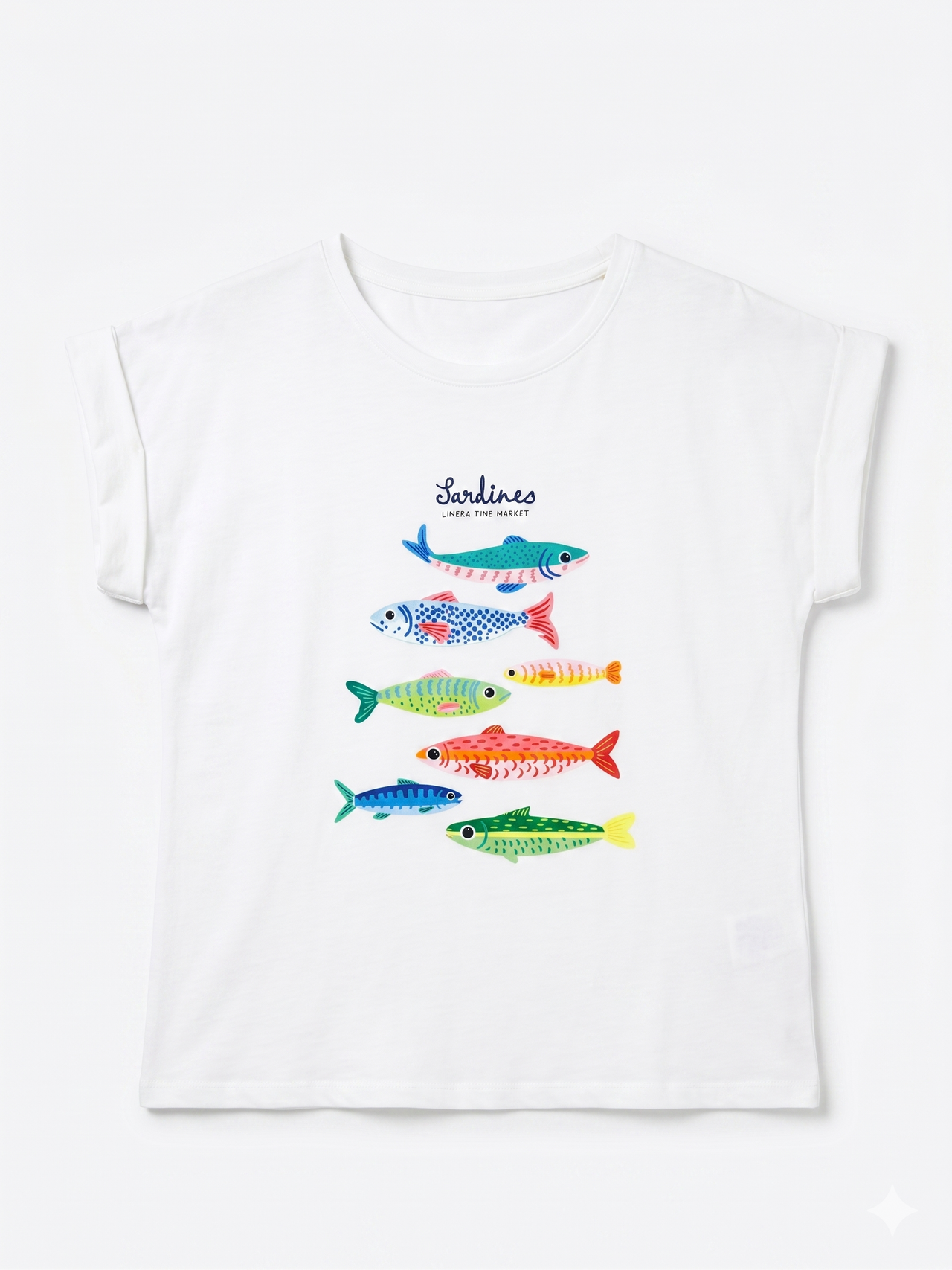 Camiseta blanca con estampado de sardinas multicolor chica.