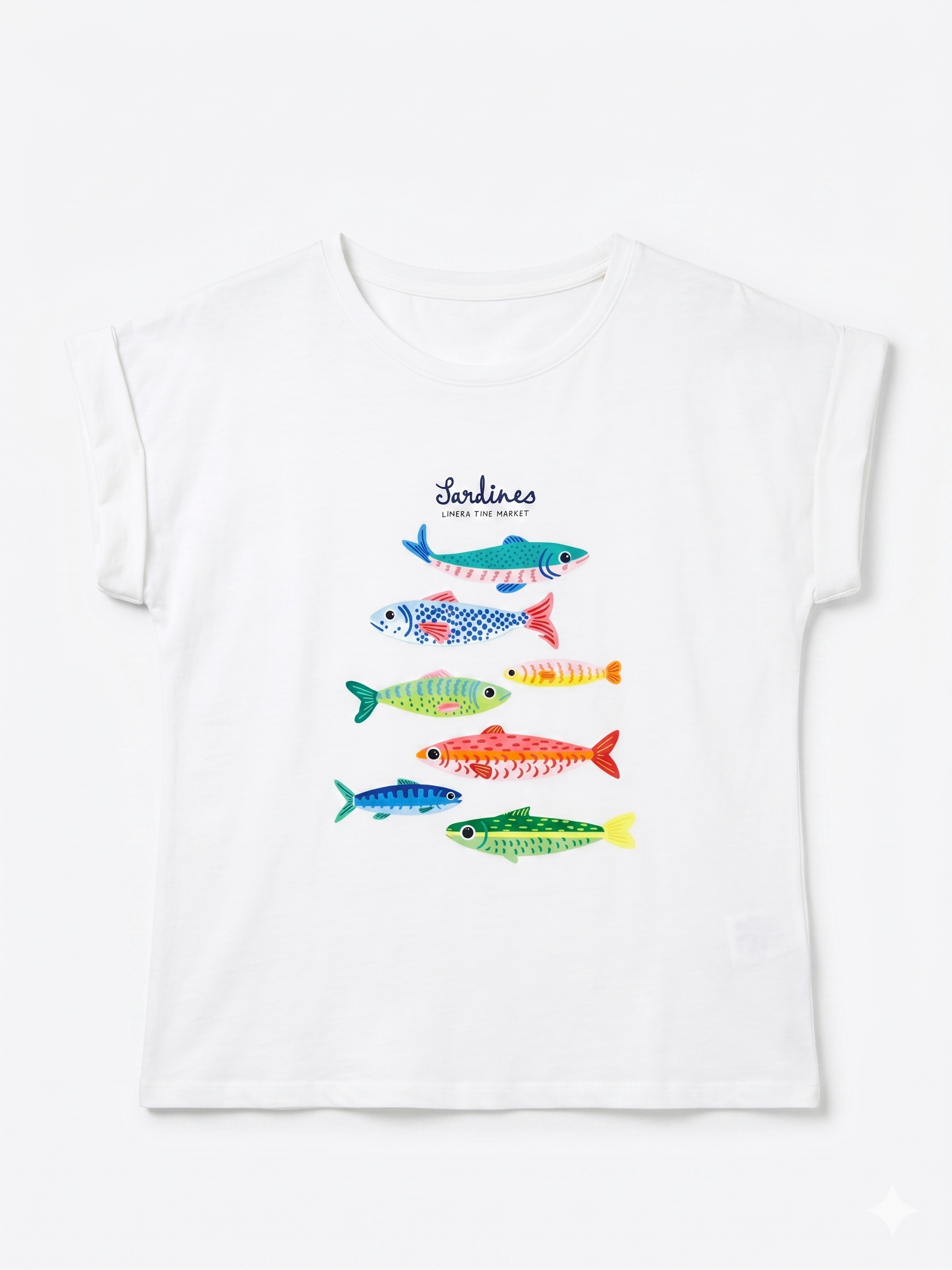 Camiseta blanca con estampado de sardinas multicolor chica.