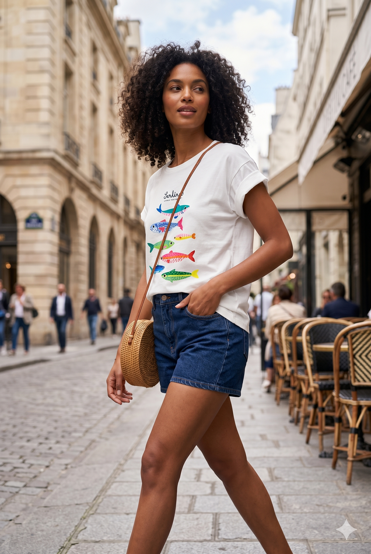 Camiseta blanca con estampado de sardinas multicolor chica.