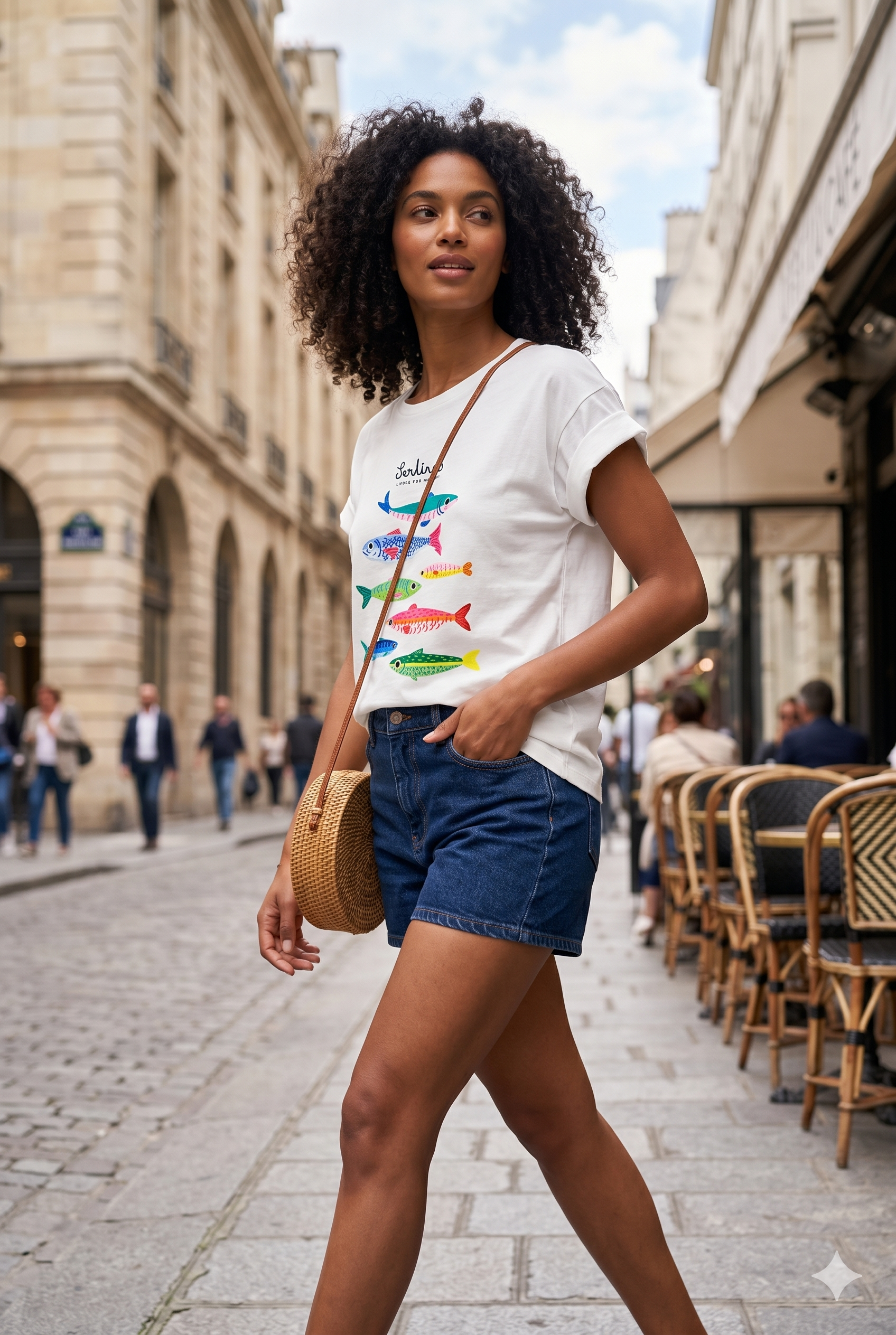 Camiseta blanca con estampado de sardinas multicolor chica.