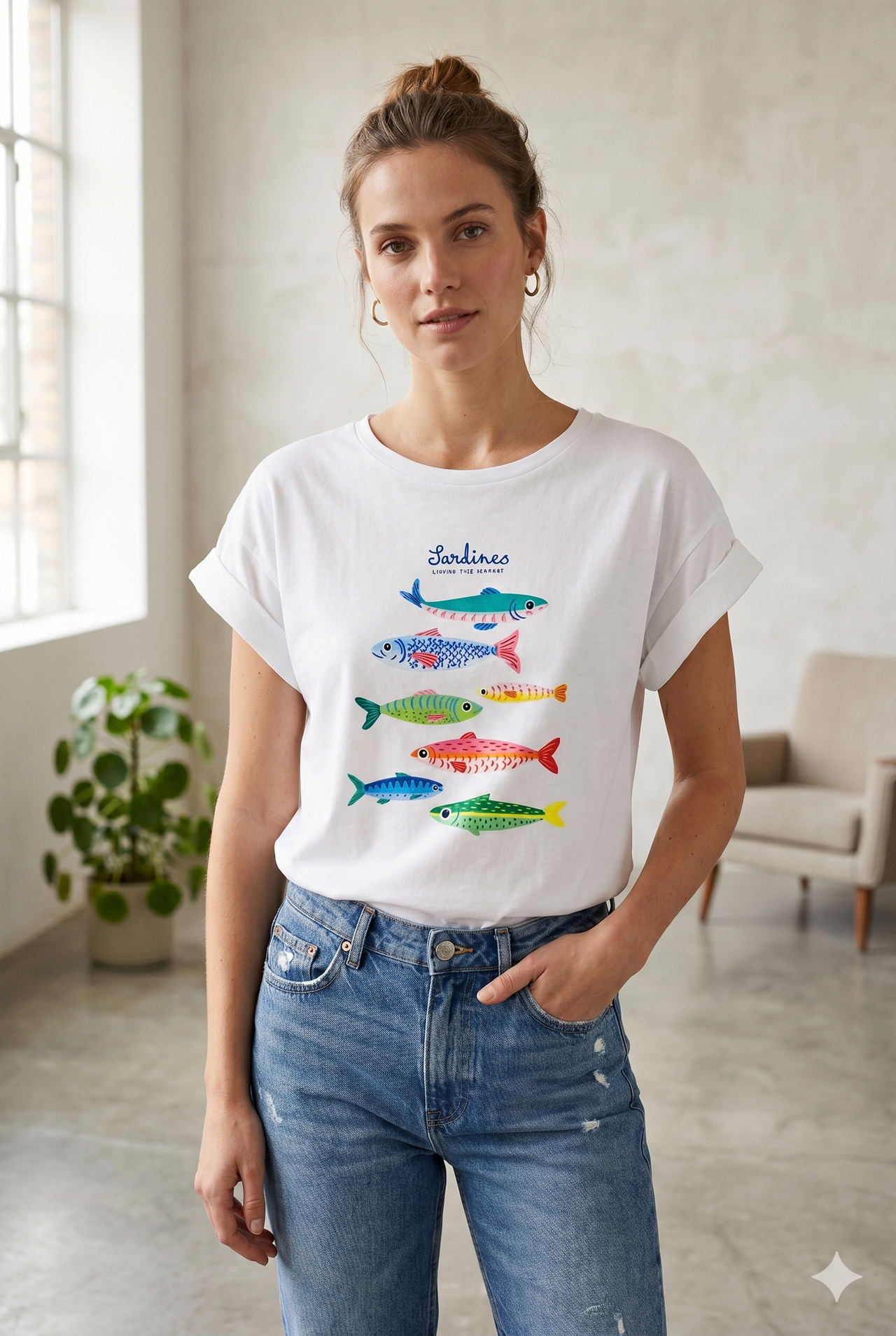 Camiseta blanca con estampado de sardinas multicolor chica.