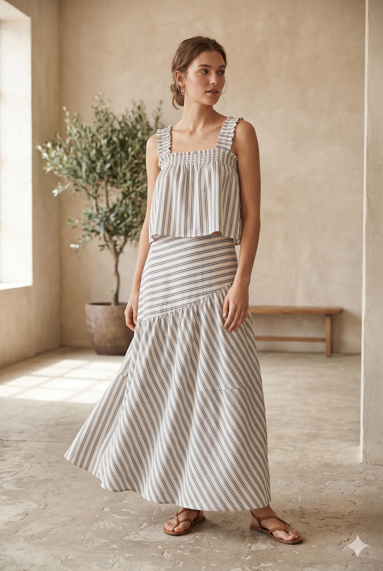 Falda midi fluida con Estampado de rayas y vuelo chica.